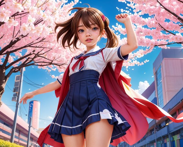 Young Girl in School Uniform under Cherry Blossoms