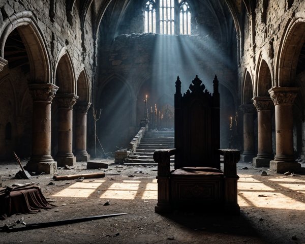 Dimly Lit Medieval Hall with Ornate Throne and Shadows