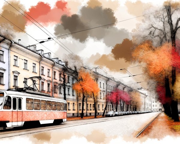 Vintage Tram on Scenic Urban Street in Autumn Foliage