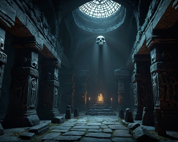 Ancient temple with stone pillars and eerie atmosphere
