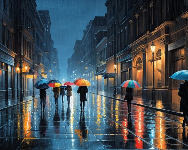 Dimly Lit Rainy Night Street with Colorful Reflections