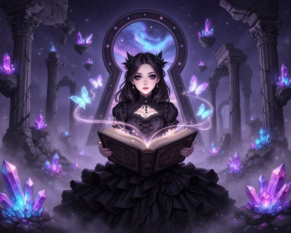 Gothic Girl with Black Dress and Mysterious Book