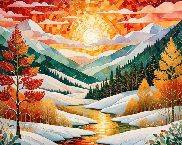 Vibrant Mountain Landscape Illustration at Sunset