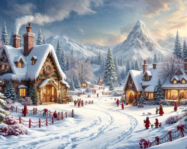 Winter Village Scene with Snow-Capped Mountains