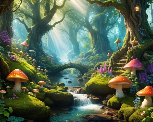 Whimsical Forest with Vibrant Mushrooms and Stream