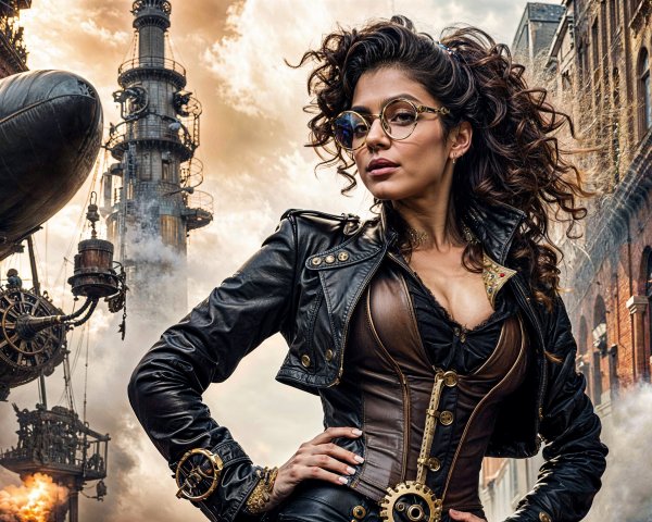Confident Woman in Steampunk-Inspired Environment
