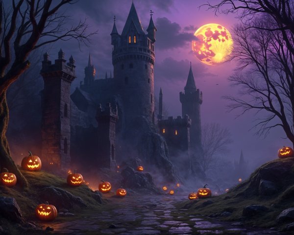 Ominous Castle Scene with Twisted Trees and Jack-o'-Lanterns
