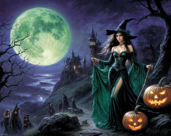 Mystical Witch Scene with Full Moon and Haunted Castle