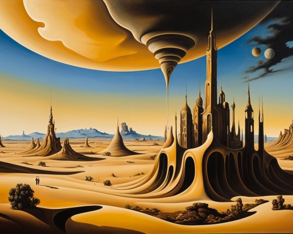 Surreal landscape with spiraled structures and dunes