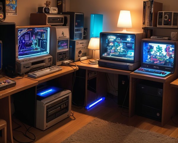 Cozy Retro Gaming Setup with Vintage Monitors and Consoles