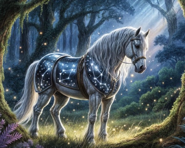 Majestic White Horse in Enchanted Forest Setting