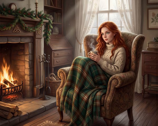 Cozy Winter Scene with Woman in Armchair and Blanket