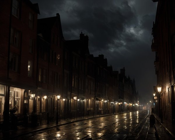 Dimly Lit Historic Street at Night with Rain Reflection