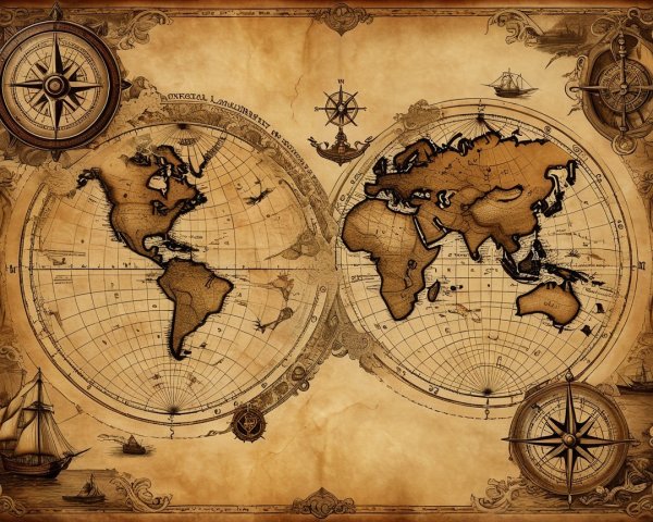 Antique-style world map with maritime illustrations