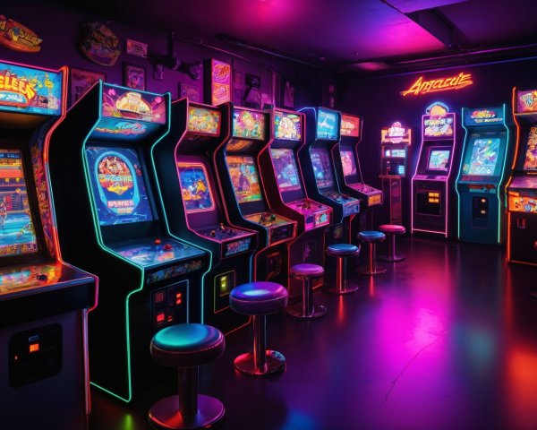 Vibrant Arcade Room with Classic Machines and Neon Lights