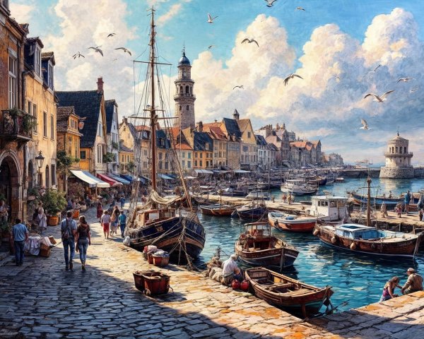 Harbor Scene with Cobblestone Streets and Boats
