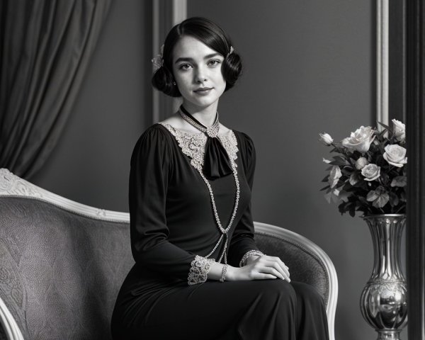 Elegant Woman in Vintage Sofa and Black Gown