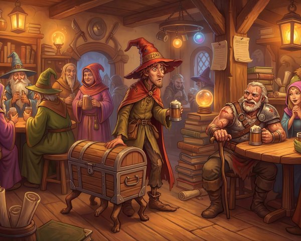 Cozy Tavern Scene with Magical Creatures and Characters