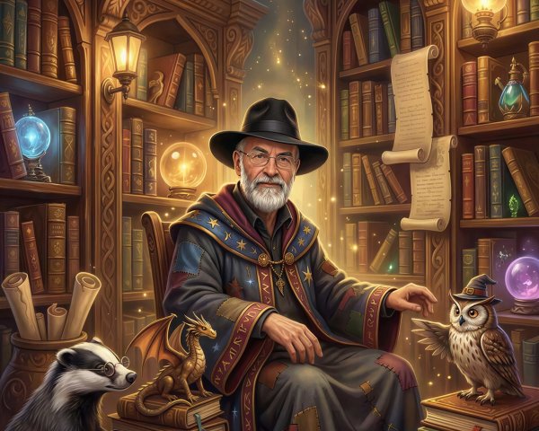 Old wizard in magical library with glowing orbs