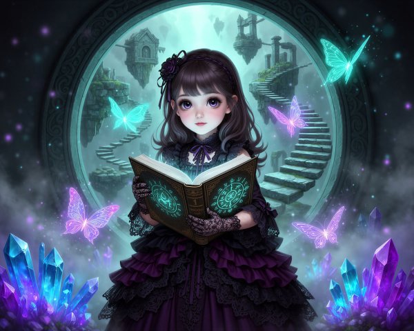 Anime girl in black and purple dress with spellbook