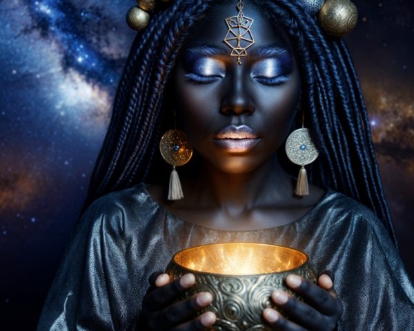 Woman with radiant skin and celestial braids in galaxy