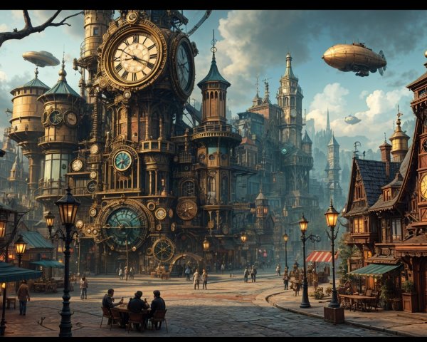Steampunk City with Clock Tower and Airships