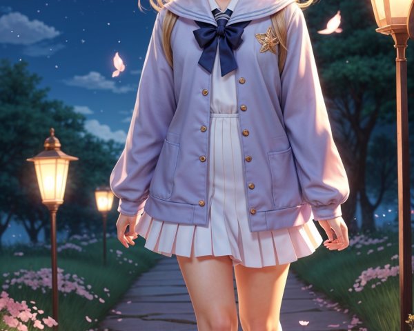 Young girl in cherry blossom path at night with lanterns