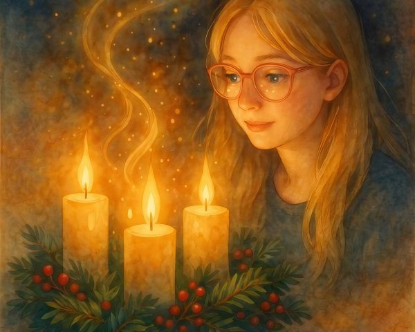 Watercolor Painting of Girl with Candles and Wreath