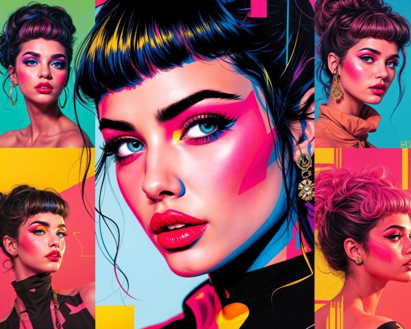 Vibrant Collage of Woman's Expressions and Makeup