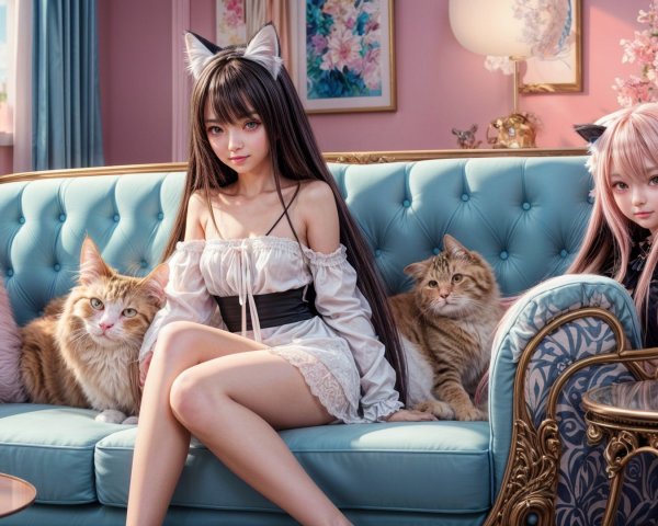 Cozy Room with Girls and Cats in Pastel Decor