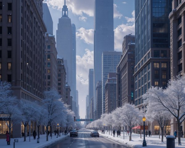 Snow-Covered City Street with Frosted Trees and Skyscrapers