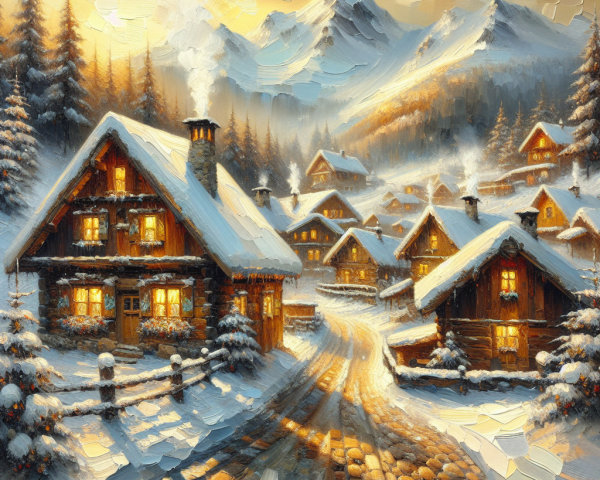 Winter Village in Snow-Covered Mountains at Sunset