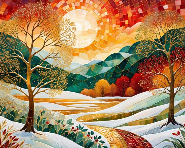 Vibrant Mosaic Landscape with Autumn Colors and River