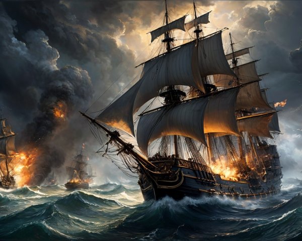Dramatic Naval Battle with Tall Ships and Flames