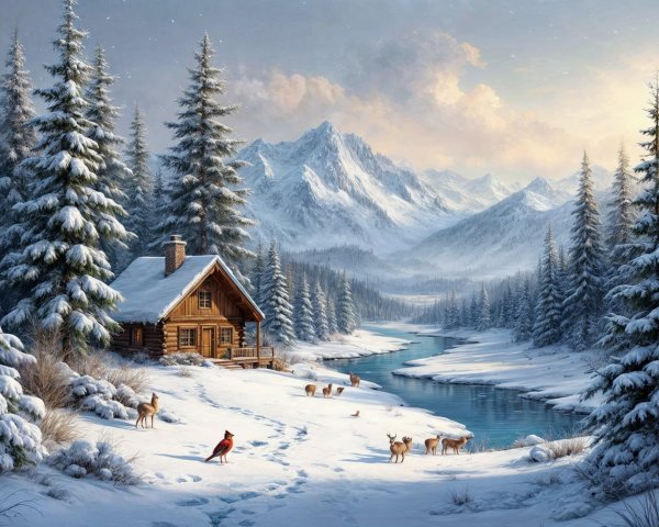 Cozy log cabin in tranquil winter landscape with deer