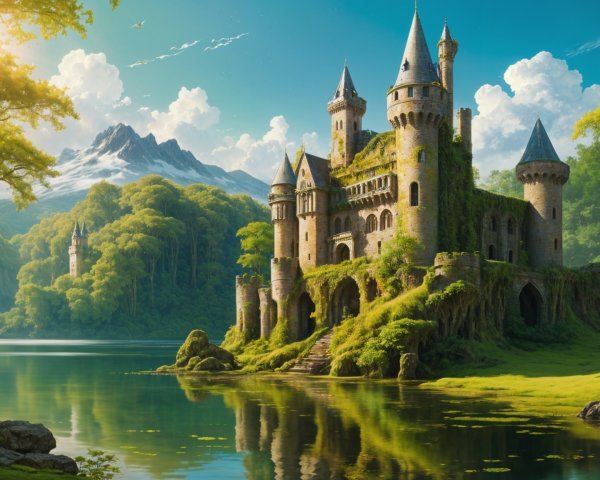 Magical castle by serene lake with lush greenery