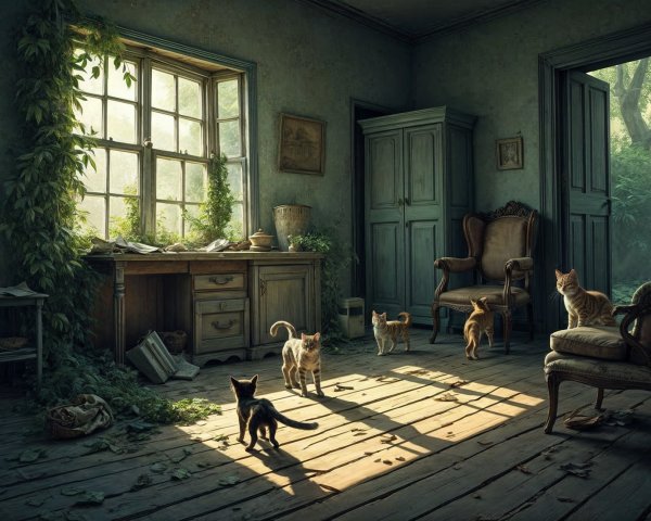Sunlit Room with Vintage Decor and Playful Cats