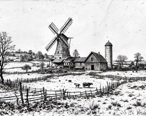 Black and White Sketch of a Rural Farm Scene