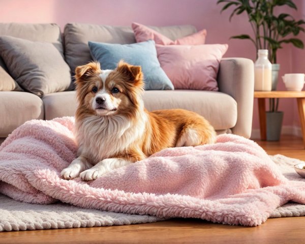Cozy Living Room with Dog on Pink Blanket