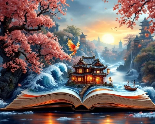 Fantastical Landscape with Palace and Phoenix in Book