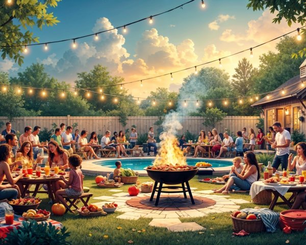 Vibrant Poolside Gathering with Rustic Decor and Fire Pit