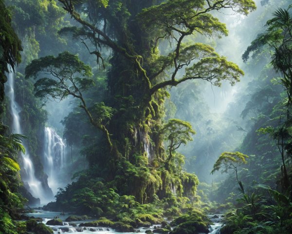 Lush Rainforest Scene with Waterfalls and Foliage