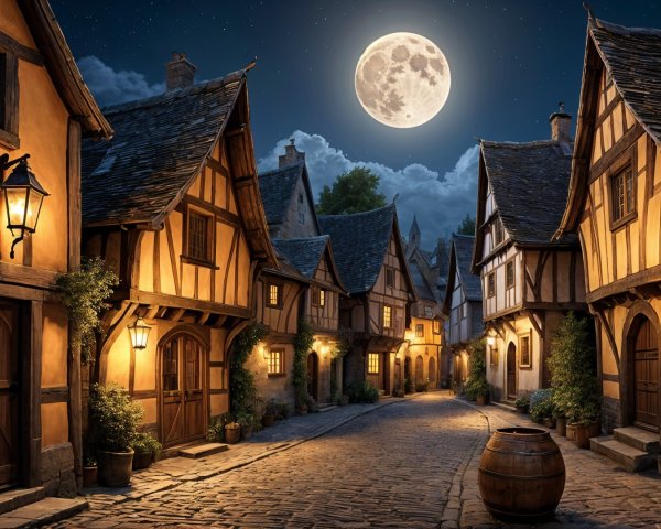 Charming Cobblestone Street Under a Full Moon