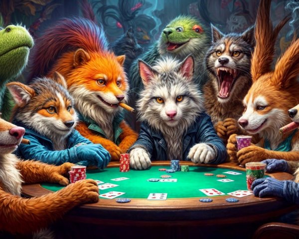 Whimsical Poker Game with Anthropomorphic Animals