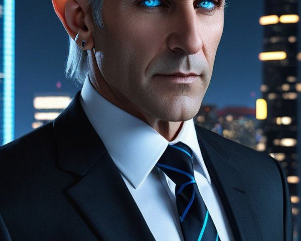 Character with pointed ears and blue eyes in a suit