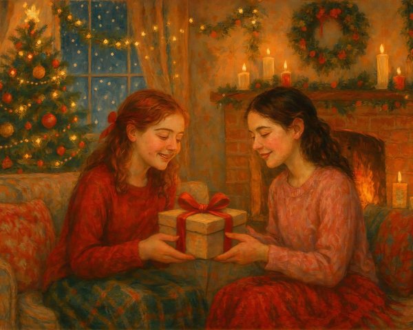 Oil Painting of Two Women Exchanging a Gift in Living Room