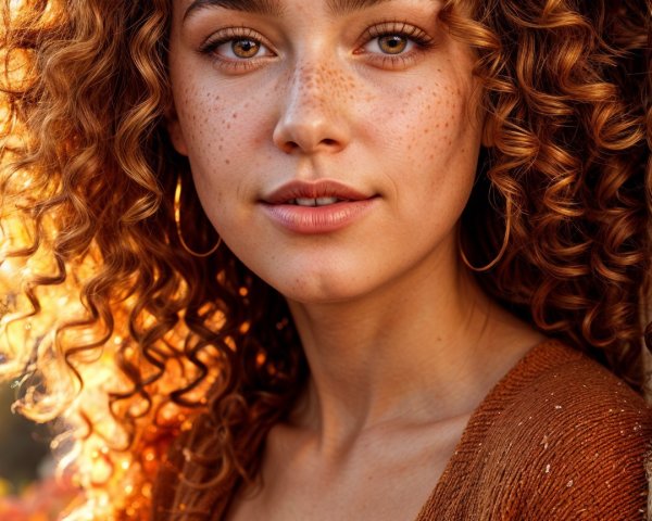 Young woman with curly hair in sunset backdrop
