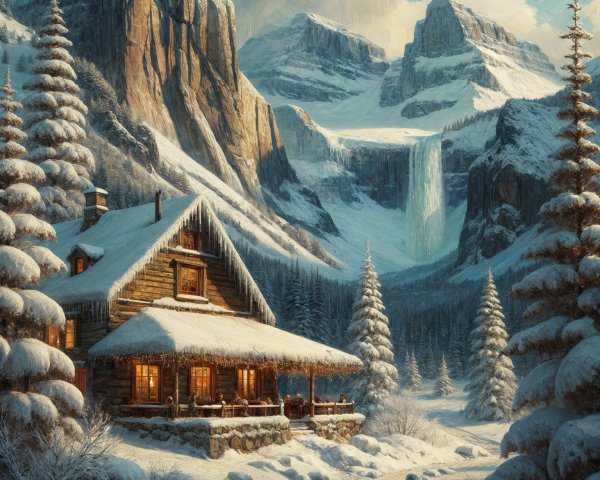 Cozy Wooden Cabin in a Snowy Winter Landscape