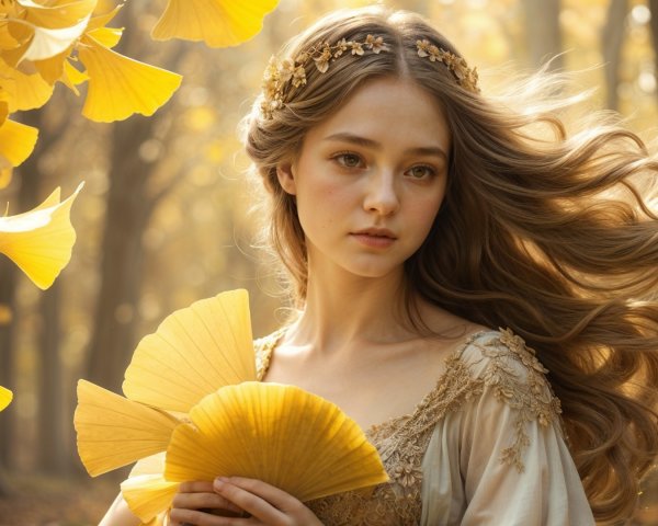 Young Woman in Golden Dress Amid Ginkgo Leaves