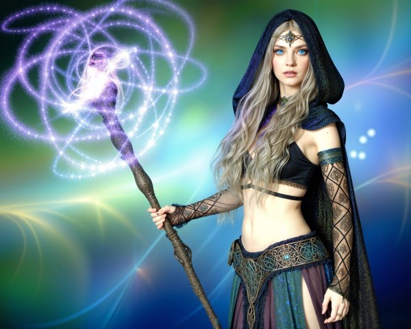 Mystical figure in dark robe with magical staff and aura